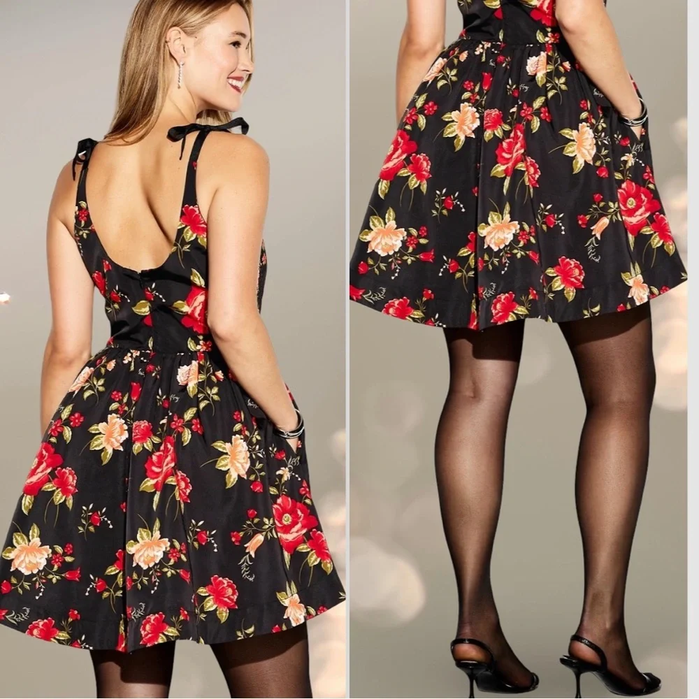 NWTS🌹THE OCCASION XL🌹BLACK ROSE TAFFETA FIT & FLARE SWING DRESS BACK ZIP CLOSURE - Picture 2 of 16